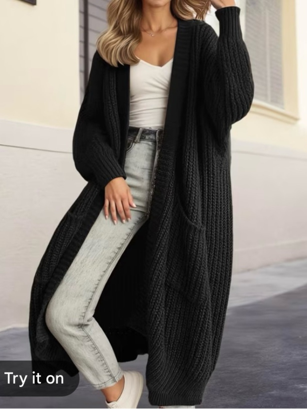 Black Long Open-Front Chunky Knit Cardigan Sweater